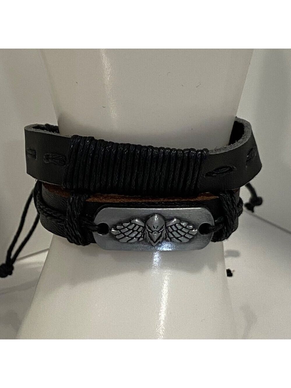 Handcrafted Leather 2 Bracelets set  With Eagle open wings Emblem & Adjustable